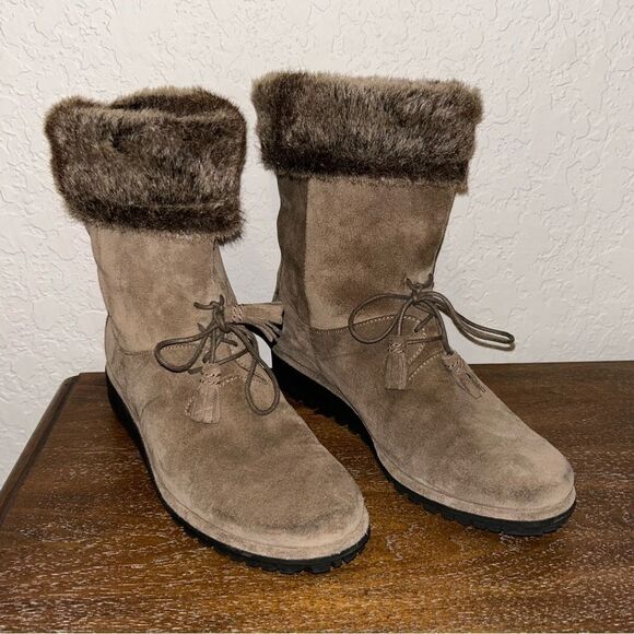 Stuart Weitzman Sockette Suede Leather Faux Fur Wedge Boot Shoes - Picture 2 of 12